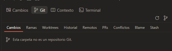 Panel Git con las pestañas Cambios, Ramas, Worktrees, Historial, Remotos, PRs, Conflictos, Blame y Stash