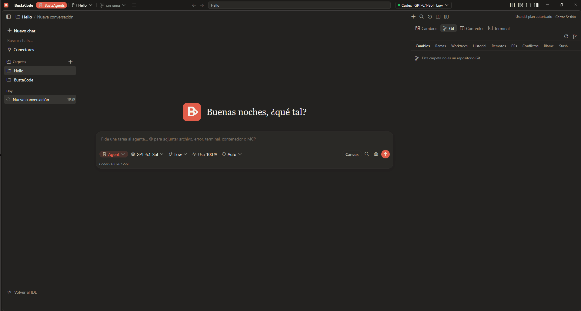 BustaAgents mode: the same window centred on the agent chat with the greeting “Buenas noches, ¿qué tal?” and a Git panel on the right
