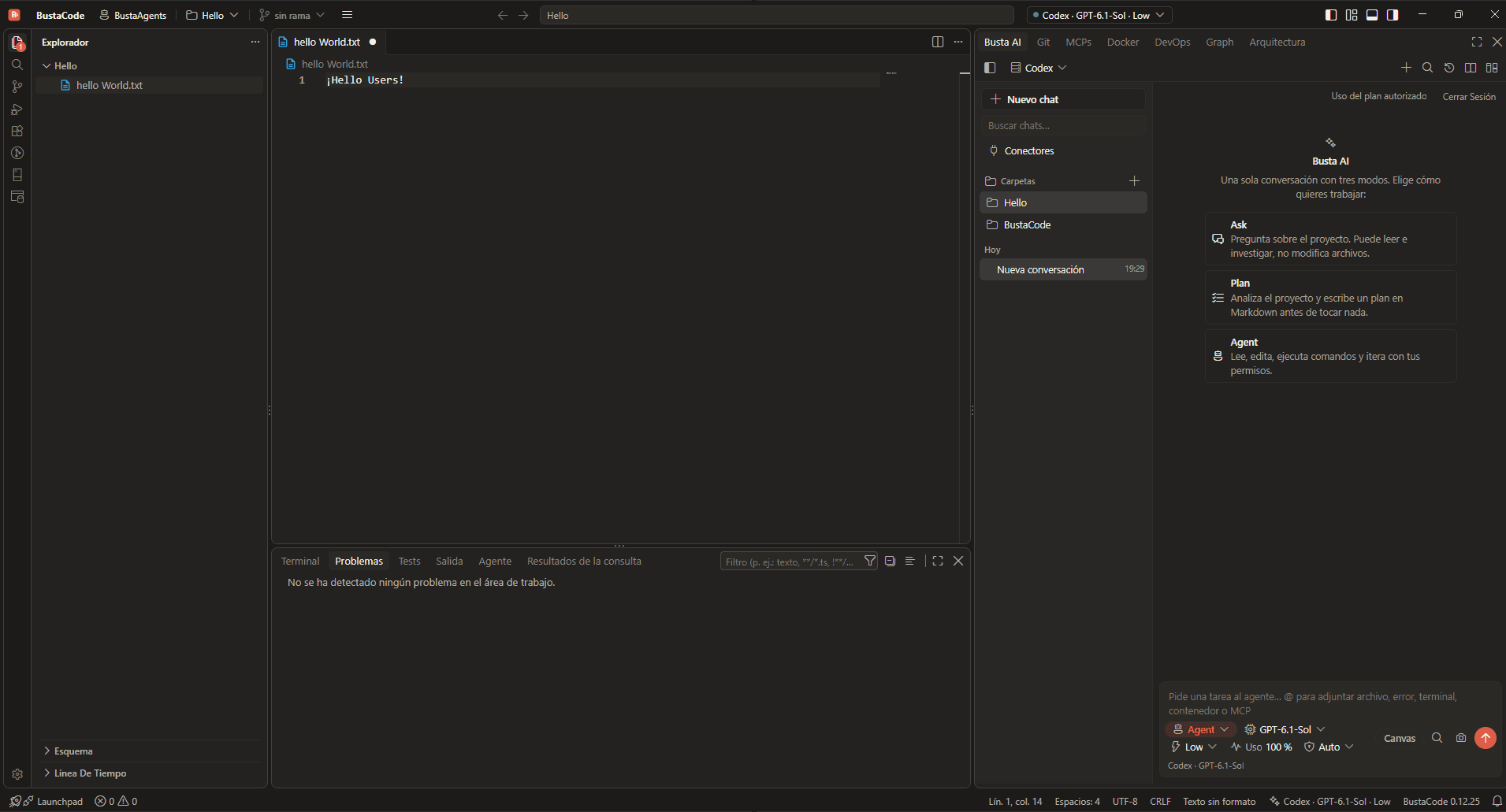 BustaCode in IDE mode: file explorer, editor, problems panel and the BustaAI panel with Ask, Plan and Agent modes